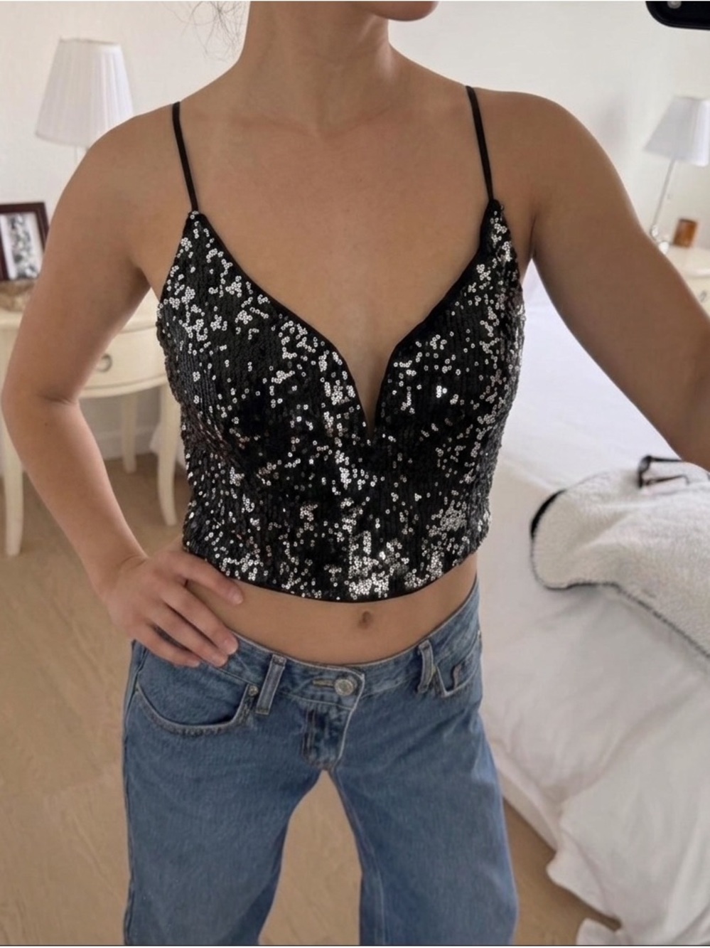 Black Sequin V-Neck Crop Tank Top